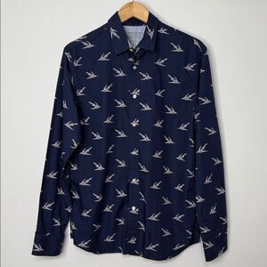 Banana Republic Luxe Poplin Dark Blue Bird Pattern Button Down Shirt Size Large